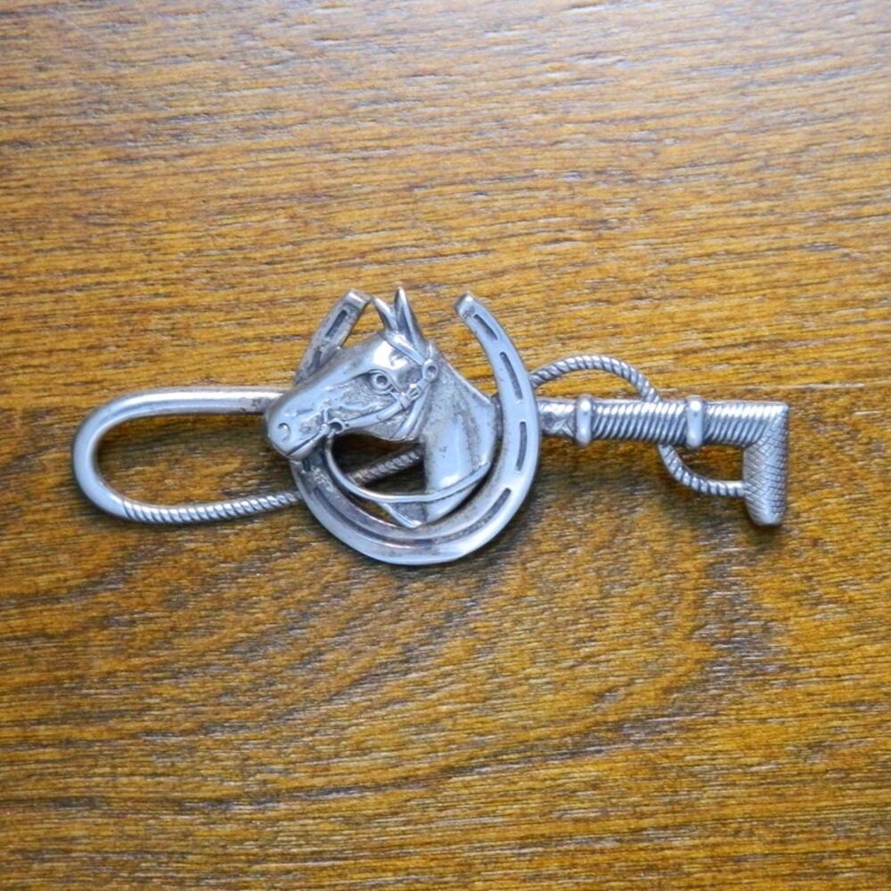 Vintage UNIQUE Horseshoe w Crop Horse Head Brooch Pin 925
